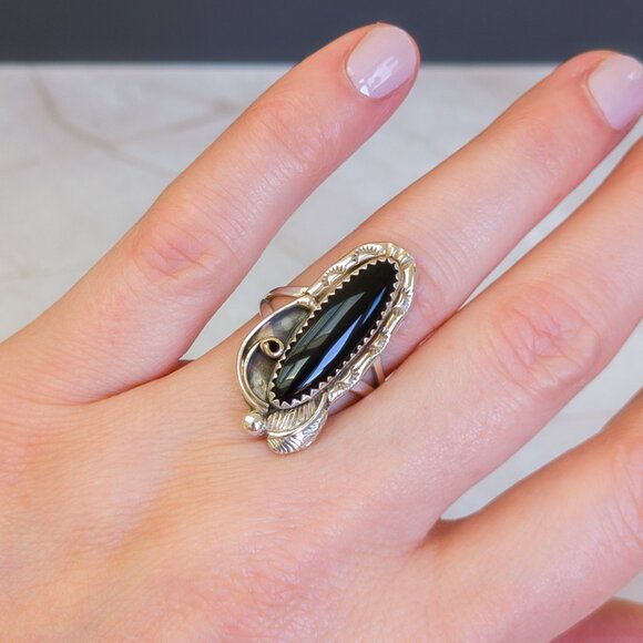 Sterling Long Onyx Navette Ring with Leaf & Scroll — Size 6.5–6.75 - Picture 8 of 8